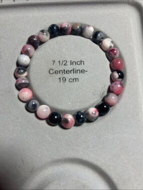 Pink & Black Polished Stone Bead Stretch Bracelet